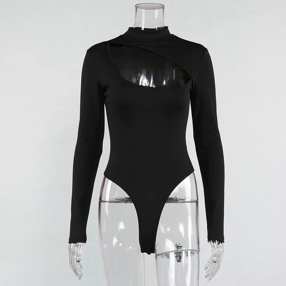 Black Turtleneck Women‘S Bodysuit 2019 Autum Sexy Hollow Out Long Sleeve Bodysuit Casual Rompers Solid Color Slim Jumpsuit Body